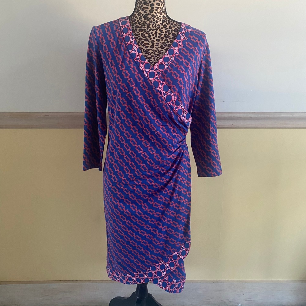J. McLaughlin Blue Pink Chain Link Print Catalina Faux Wrap Midi Dress Size‎ M